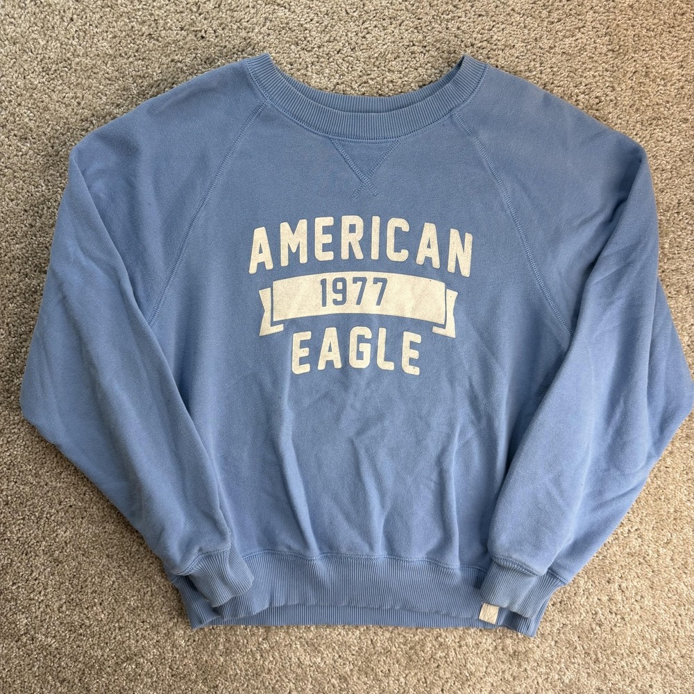 American Eagle Outfitters Sweatshirt Womens Small Blue Fleece Crewneck Graphic